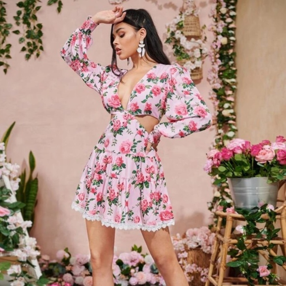 Barbie Pink Rose Floral LoveShackFancy style Mini Cut Out Flowy Summer Dress XS - Picture 7 of 13